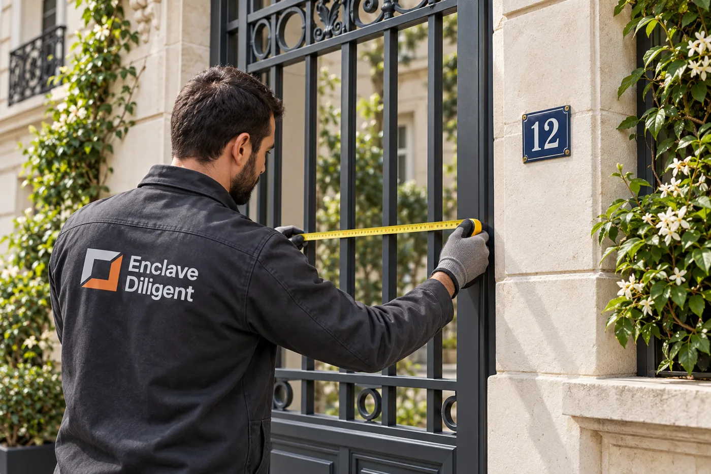 Serrurier-métallier d'Enclave Diligent mesurant un portail en acier à l'entrée d'un immeuble parisien